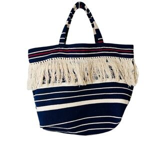 NWT Madewell Cotton Beach Market Tote Bag Extra Large Fringe Striped Navy Blue
